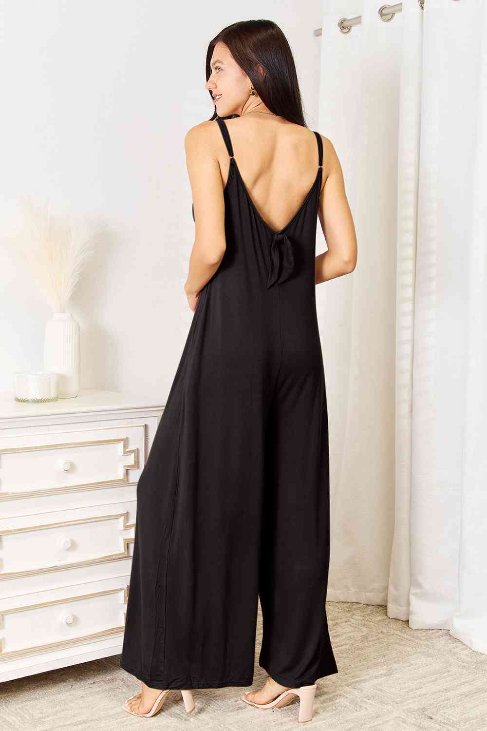 Double Take Full Size Soft Rayon Spaghetti Strap Tied Wide Leg Jumpsuits