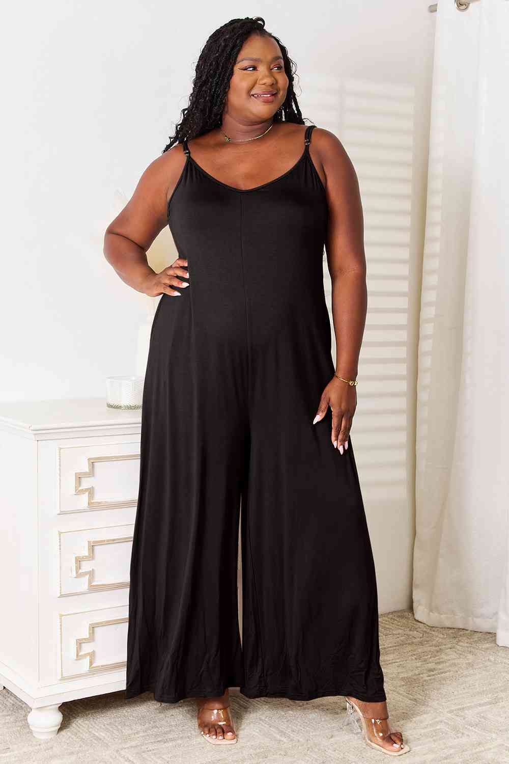 Double Take Full Size Soft Rayon Spaghetti Strap Tied Wide Leg Jumpsuits