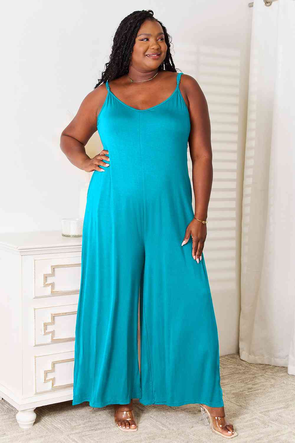 Double Take Full Size Soft Rayon Spaghetti Strap Tied Wide Leg Jumpsuits