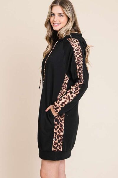 Culture Code Drawstring Leopard Long Sleeve Hooded Dress