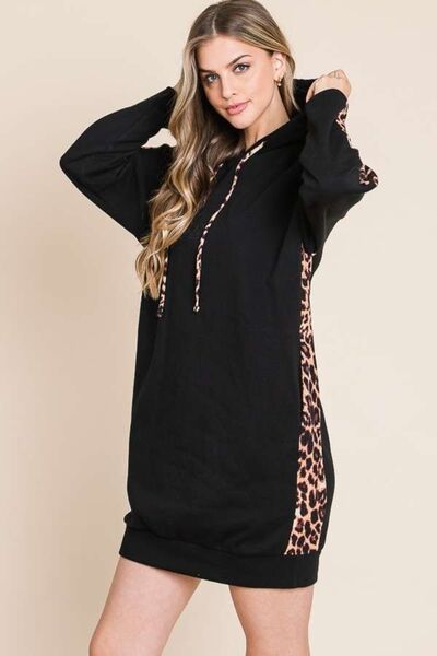 Culture Code Drawstring Leopard Long Sleeve Hooded Dress